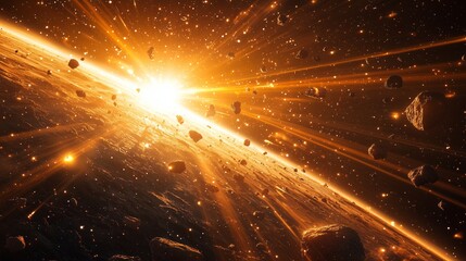 Obraz premium Explosive Cosmic Scene with Asteroids and Radiant Sunlight Effects