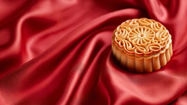A beautifully crafted mooncake on red silk fabric, symbolizing the Mid-Autumn Festival and Chinese heritage
