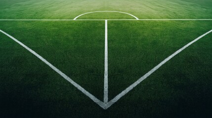Obraz premium High-angle view of a football field center circle and markings on lush green grass, showing the midline and center spot.