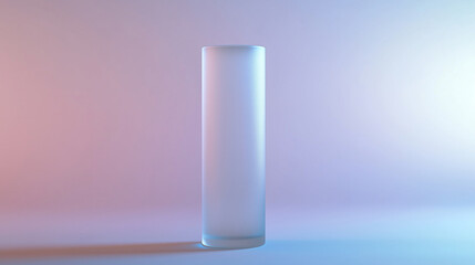 A frosted glass bottle with a minimalist cylindrical design, placed against a transparent background. The subtle texture of the frosted surface is highlighted by soft, ambient lighting.