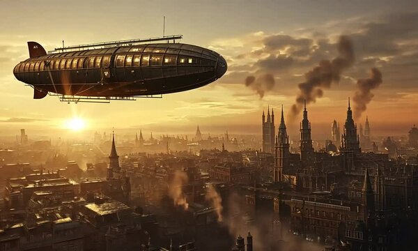 Futuristic Airship Gliding Over an Industrial Cityscape During Sunset with Dramatic Skies and Smoke Stacks in an Imaginative Steampunk Setting
