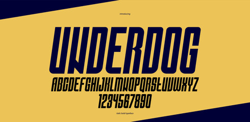 Tall and condensed italic sans serif display font for logos headers or slogans, vector thick geometric typeface, uppercase letters alphabet with numbers, poster and advertising.