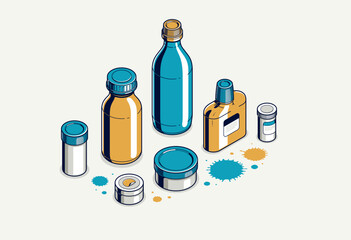 Paints inks and pigments vector 3D isometric illustration, wall paints for decoration and renovation, shades palette swatches different tints.