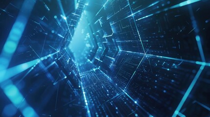 Obraz premium Futuristic digital network with glowing hexagonal patterns and interconnected technology in vibrant blue light, depicting advanced computing and data transfer concepts.