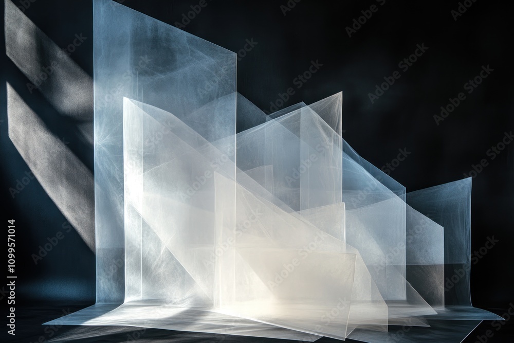 Poster abstract light streaks and geometric shapes create a futuristic and ethereal design.