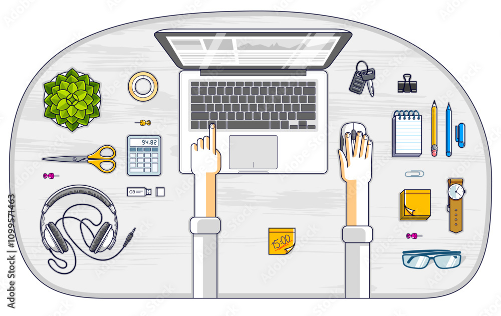 Poster office worker or entrepreneur working on a laptop computer, top view of workspace desk with human ha