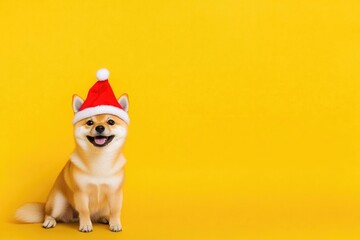 Cheerful shiba inu puppy wearing a Santa hat on a bright yellow background, spreading festive Christmas joy and holiday spirit with a playful vibe..