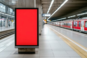 Fototapeta premium Travel restrictions policy conceptual. A blank advertising display stands on a deserted train platform, with a train visible in the background, creating an urban transportation atmosphere.