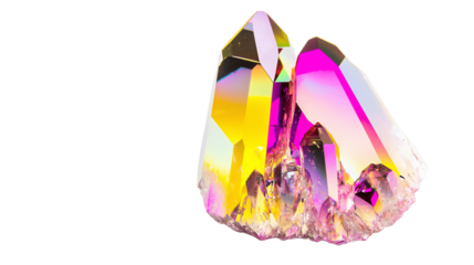 Colorful Iridescent Crystal with Faceted Edges Reflecting Vibrant Hues of Pink, Yellow, and Purple, Isolated on White Background