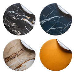 Blank marble texture round torn paper sticker label set isolated on white background