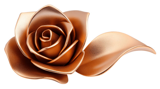 Golden Metallic Rose Blossom Close Up with Intricate Petal Details and Polished Finish, Representing Beauty and Luxury, Isolated on White Background