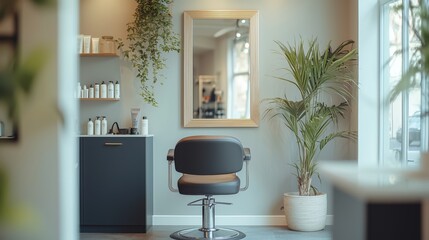 Fototapeta premium Modern Hair Salon Interior with Chair and Large Wall Mirror