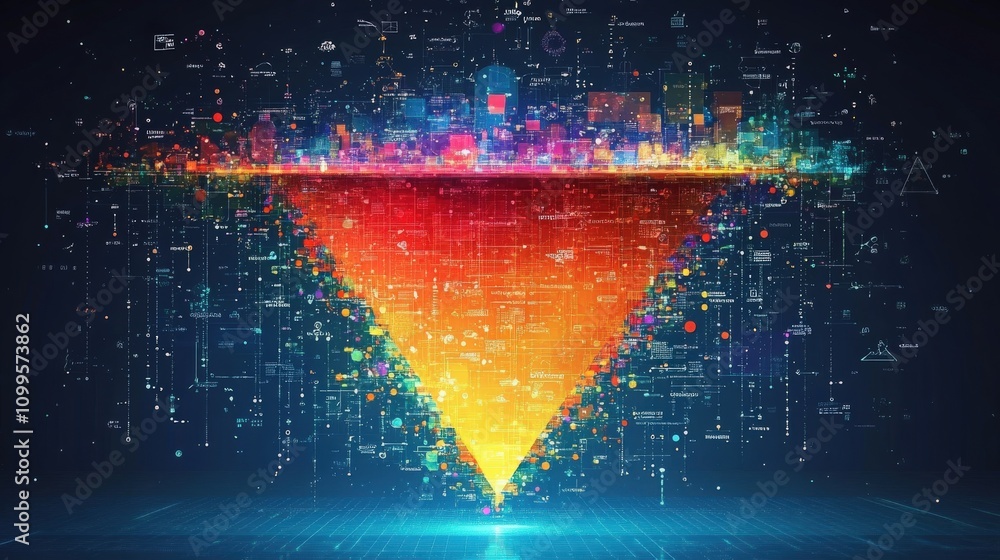 Fototapete abstract digital art depicting a colorful data visualization in the shape of an inverted triangle wi