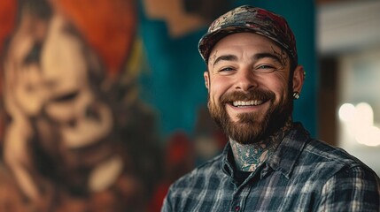 Fototapeta premium Tattoo artist smiling in his studio with colorful background