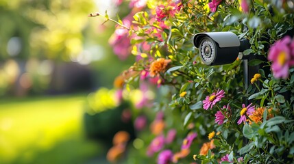 Security Camera Surrounded by Colorful Flowers in Garden Setting