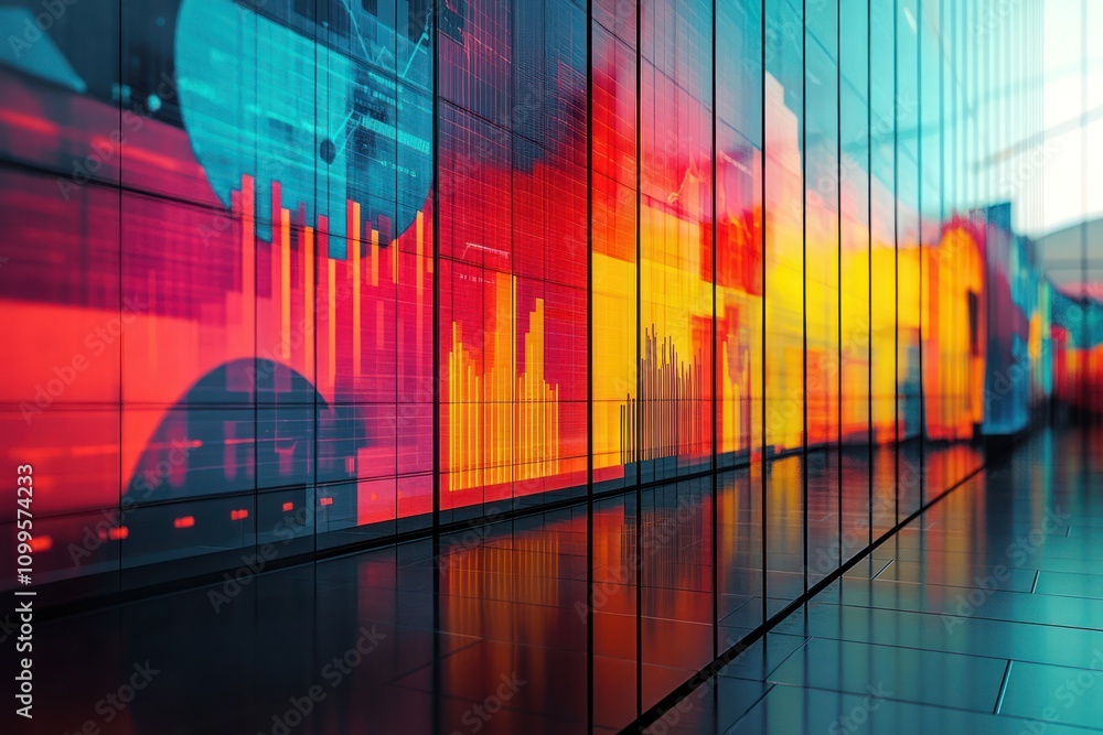 Poster a wall of digital screens displaying colorful charts and graphs in a futuristic office.
