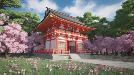 Obraz premium Traditional Japanese temple with lanterns, ornate wooden architecture, and serene surroundings, overlooking a calm landscape.