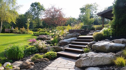 Obraz premium Wooden stairs leading up a lush hillside garden in summer