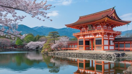 Fototapeta premium Traditional Japanese temple with lanterns, ornate wooden architecture, and serene surroundings, overlooking a calm landscape.