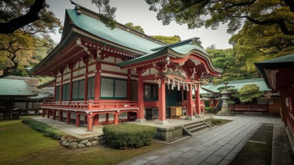 Obraz premium Traditional Japanese temple with lanterns, ornate wooden architecture, and serene surroundings, overlooking a calm landscape.
