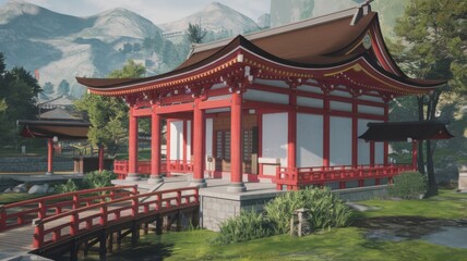 Obraz premium Traditional Japanese temple with lanterns, ornate wooden architecture, and serene surroundings, overlooking a calm landscape.
