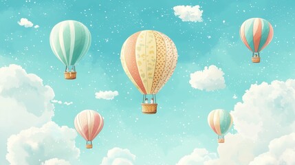 Fototapeta premium Colorful Hot Air Balloons Floating in a Blue Sky with White Clouds