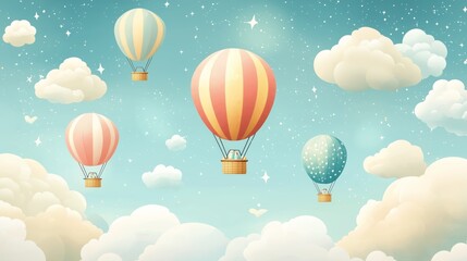 Obraz premium Colorful Hot Air Balloons Floating in a Bright Blue Sky with Clouds