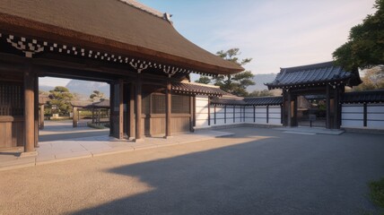 Obraz premium Traditional Japanese temple with lanterns, ornate wooden architecture, and serene surroundings, overlooking a calm landscape.