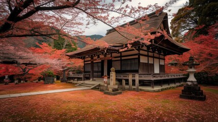 Obraz premium Traditional Japanese temple with lanterns, ornate wooden architecture, and serene surroundings, overlooking a calm landscape.