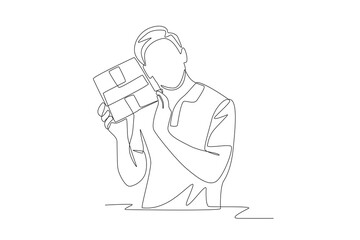 Obraz premium Men love receiving gift boxes. Gift box concept one-line drawing