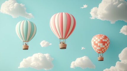 Fototapeta premium Colorful Hot Air Balloons Floating in a Blue Sky with Clouds