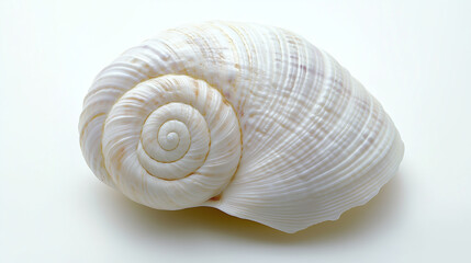 A pristine white seashell with a smooth spiral design, placed on a clean white background. The lighting brings out its subtle ridges and natural shine, giving it a serene, coastal vibe.