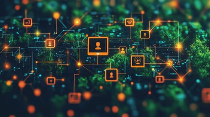 Obraz premium Futuristic Digital Network with Connected Icons and Data Points on a Dark Green Background Representing Technology and Communication Concepts