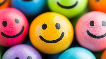 Many colorful smiley face balls showing happiness and positivity