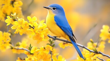Obraz premium Blue and Yellow Bird Perched on a Branch of Yellow Flowers, Nature, Wildlife, Bird Photography, Avian 