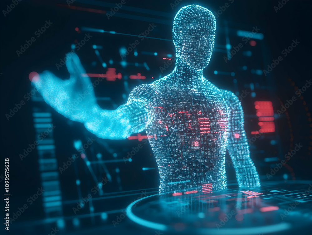 Poster a futuristic holographic figure interacts with digital displays, showcasing advanced technology and 