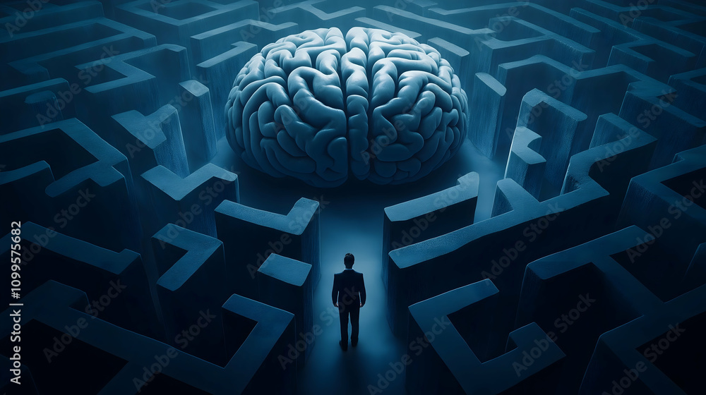 Poster a person stands before a large brain in a labyrinth, symbolizing the complexities of thought and pro