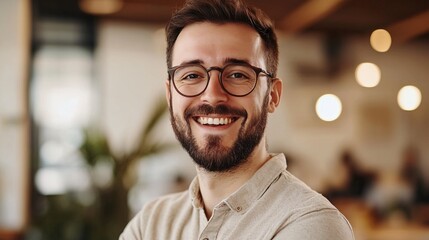 Portrait of smiling freelancer wearing glasses in coworking space