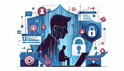 Obraz premium Silhouette of a person on laptop surrounded by icons representing privacy protection and data security, illustrating concerns over digital personal information breaches in a modern technology