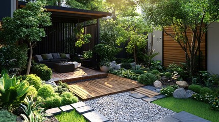 Modern backyard patio with pergola and lush landscaping during sunny day