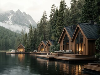 Sustainable rural community development mountain lake area architectural showcase tranquil environment scenic viewpoint ai-enhanced healthcare solutions