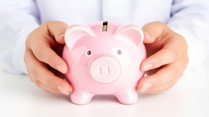 Hands gently holding a pink piggy bank with coins visible inside, symbolizing careful financial planning. Concept: saving and security