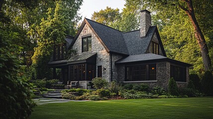 Obraz premium Luxury stone and brick house with landscaped garden surrounded by trees