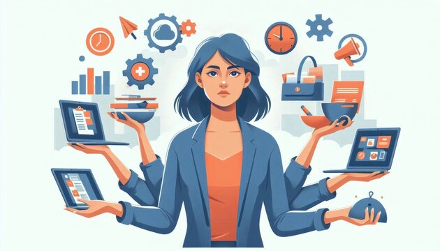Conceptual illustration of a multitasking professional juggling various jobs, embodying the modern economy's demands. South East Asian woman managing multiple tasks in innovative and artistic manner.