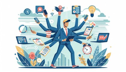 Economy worker juggling multiple roles with technology and tasks, illustrating multitasking and modern work challenges in a dynamic business world, with elements of time management and productivity