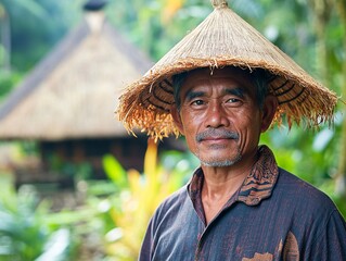 man street vendor at a market in Bali, Indonesia smiles for a portrait picture.