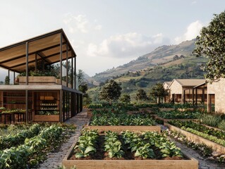 Innovative ai-assisted community farming initiative showcasing sustainable agriculture solutions in picturesque mountainous landscape nature photography perspective