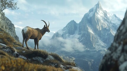 Obraz premium Alpine Ibex (Capra Ibex) on the Schreckhorn and Wetterhorn peaks background. Wonderful morning scene 