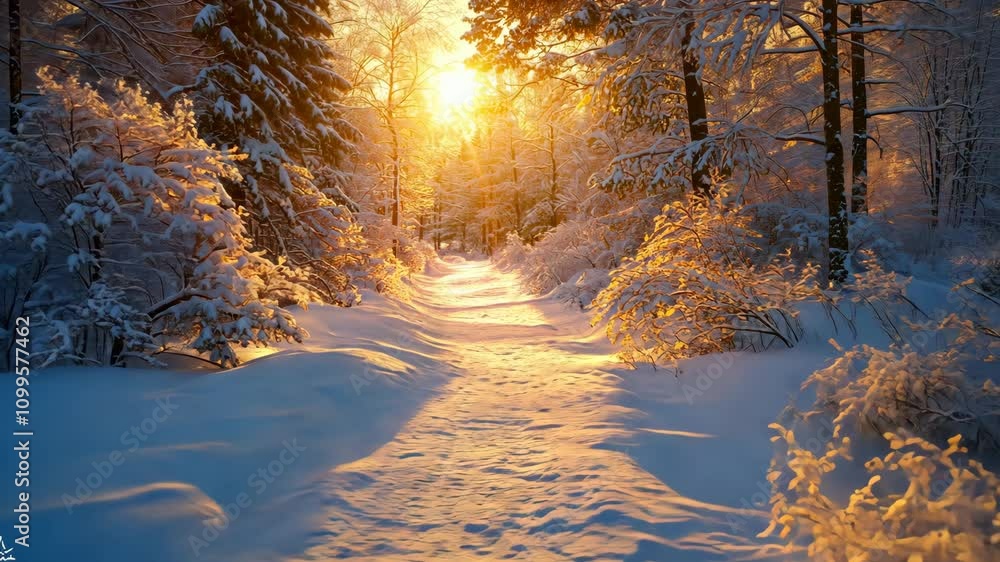 Poster snow-covered forest path illuminated by the soft glow of a winter sunrise, with frosty trees and a b