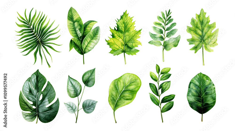Poster collection with watercolor green leaves isolated on transparent background. summer and spring trees 